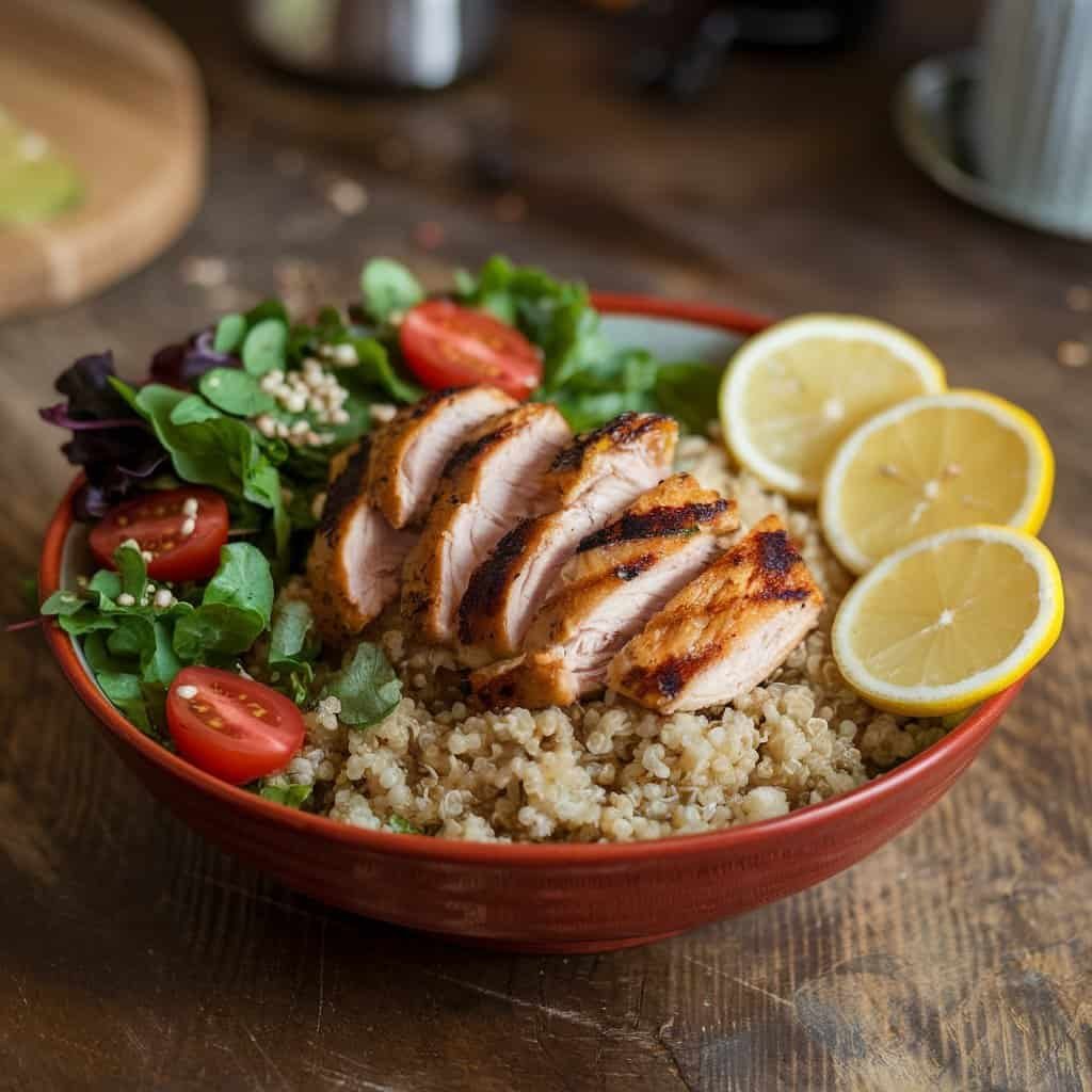 Grilled chicken salad with quinoa, mixed greens, and colorful vegetables