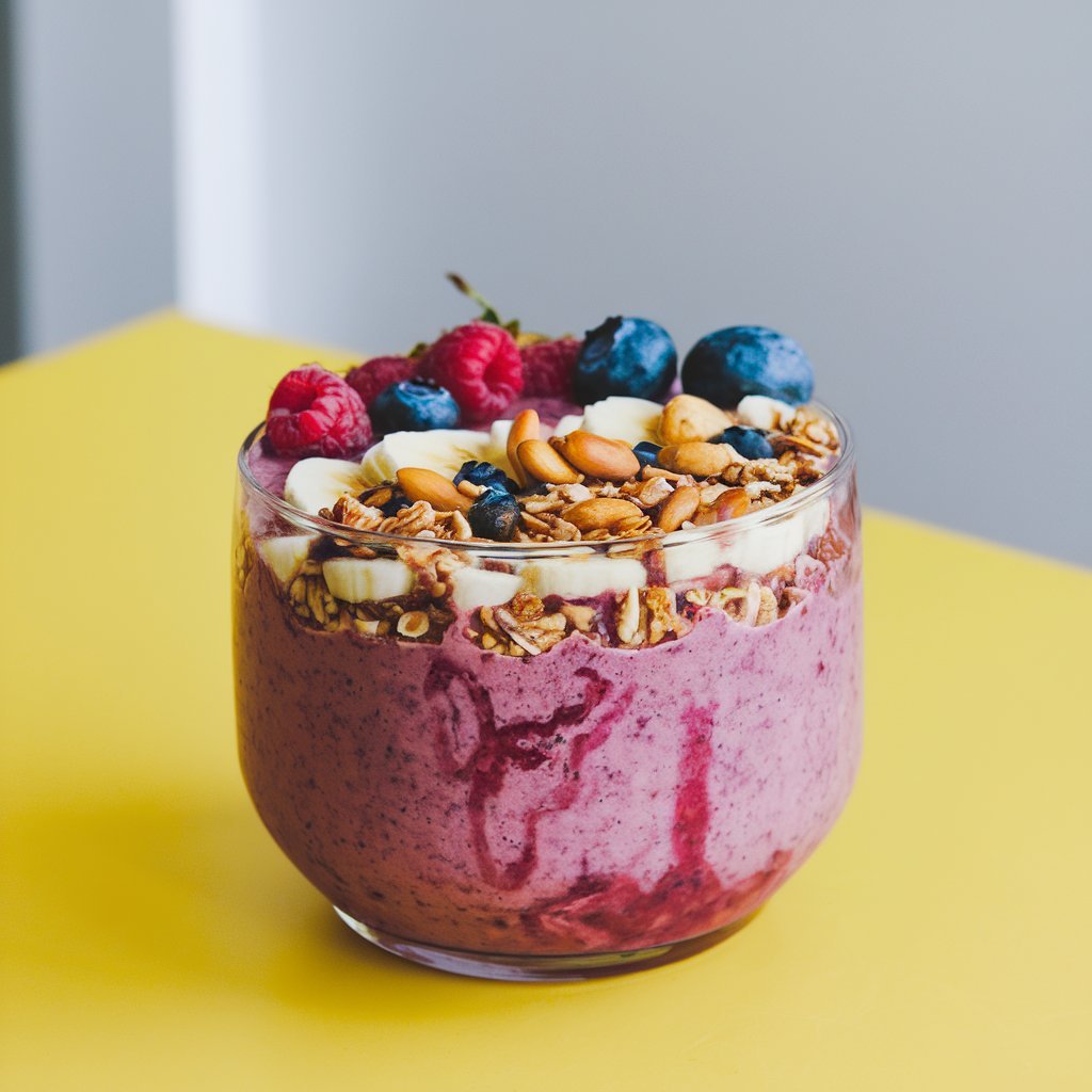 Protein-packed smoothie bowl with vibrant fruit blend and crunchy toppings.