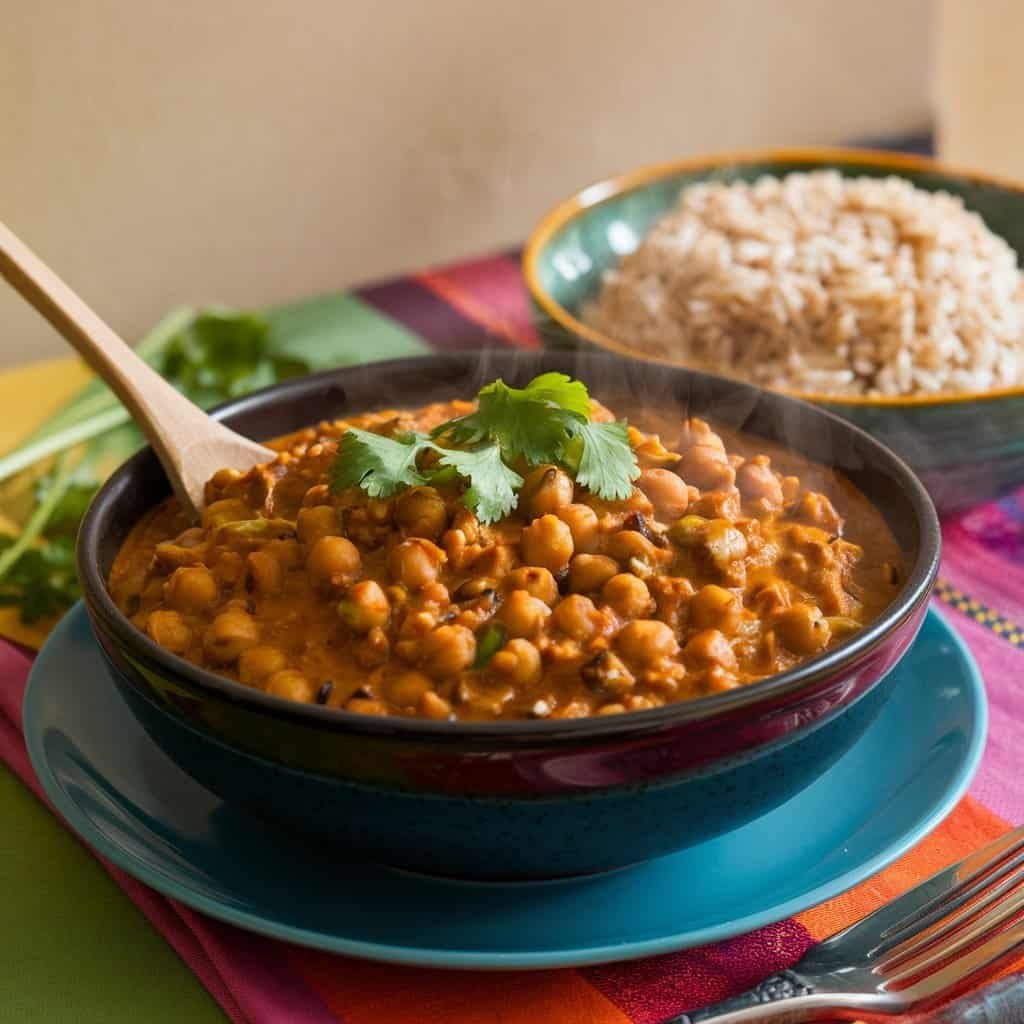 Lentil and chickpea curry in a bowl with cilantro garnish and rice on the side.