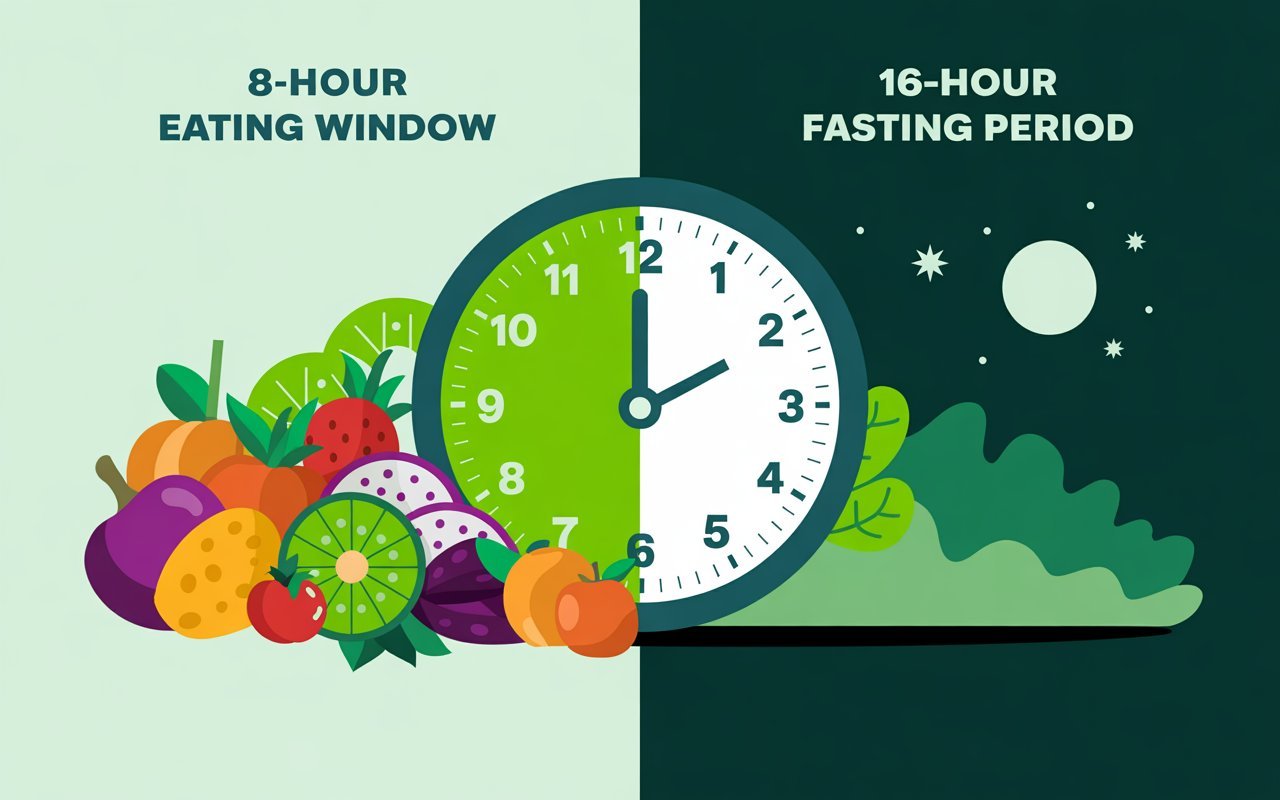 Visual representation of Time-Restricted Eating (TRE) schedule, showing an 8-hour eating window and a 16-hour fasting period for promoting autophagy and metabolic health, core elements of biohacking for longevity.