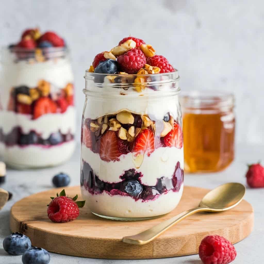 Greek yogurt parfait with mixed berries and nuts arranged in layers.