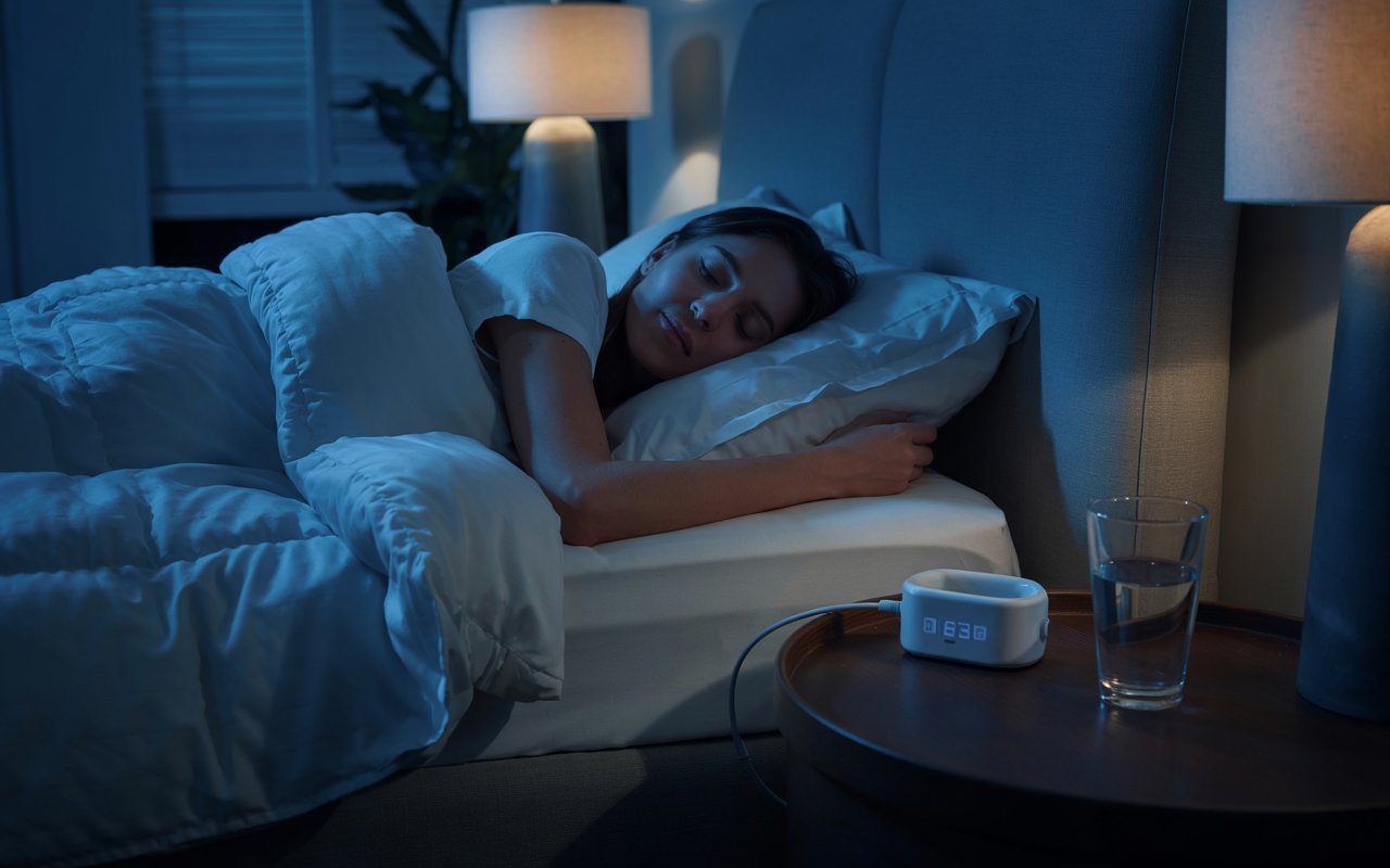 Optimized sleep environment promoting deep sleep and cellular repair, highlighting the importance of sleep hygiene in biohacking for longevity.