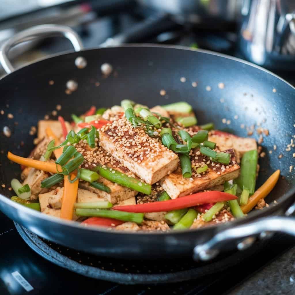 Tofu stir-fry with a mix of bell peppers, broccoli, and snap peas.