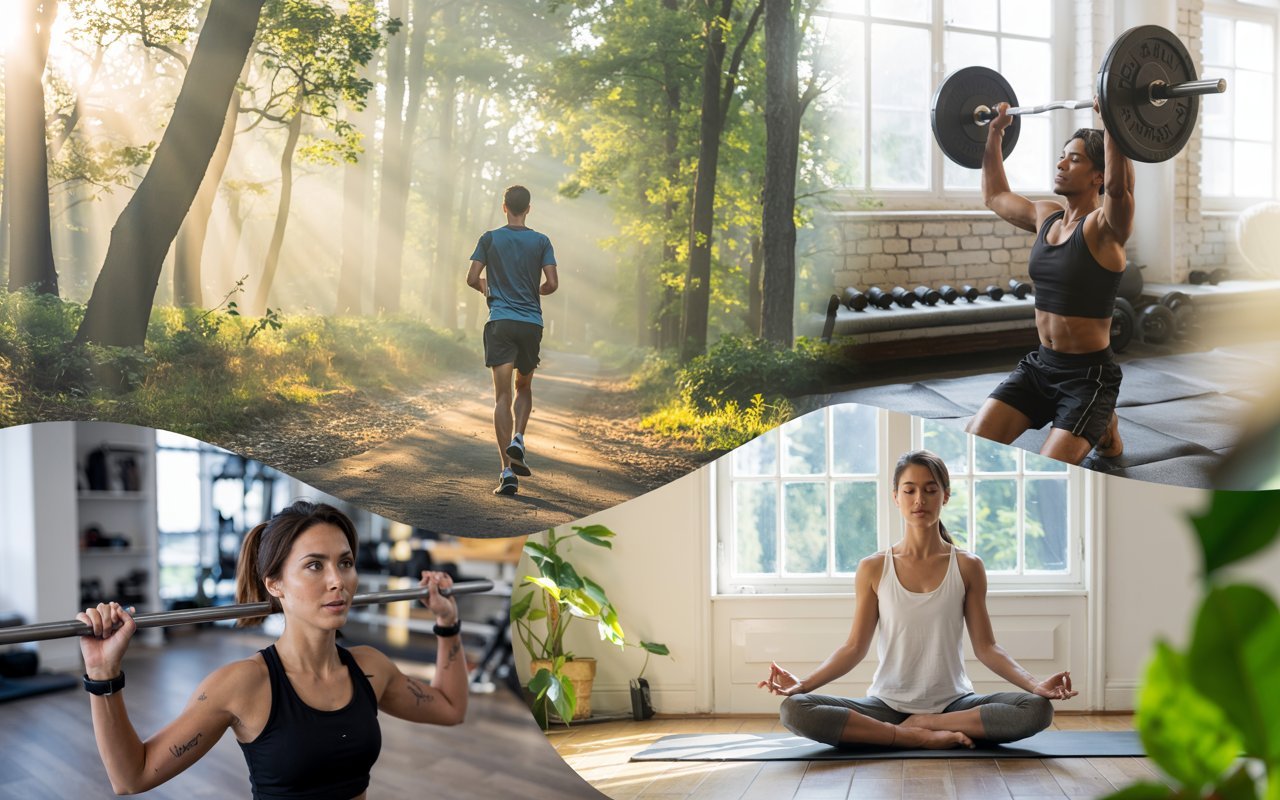 Collage illustrating varied mindful movement including cardio, strength training, and flexibility – essential daily practices for muscle maintenance, brain health, and biohacking for longevity