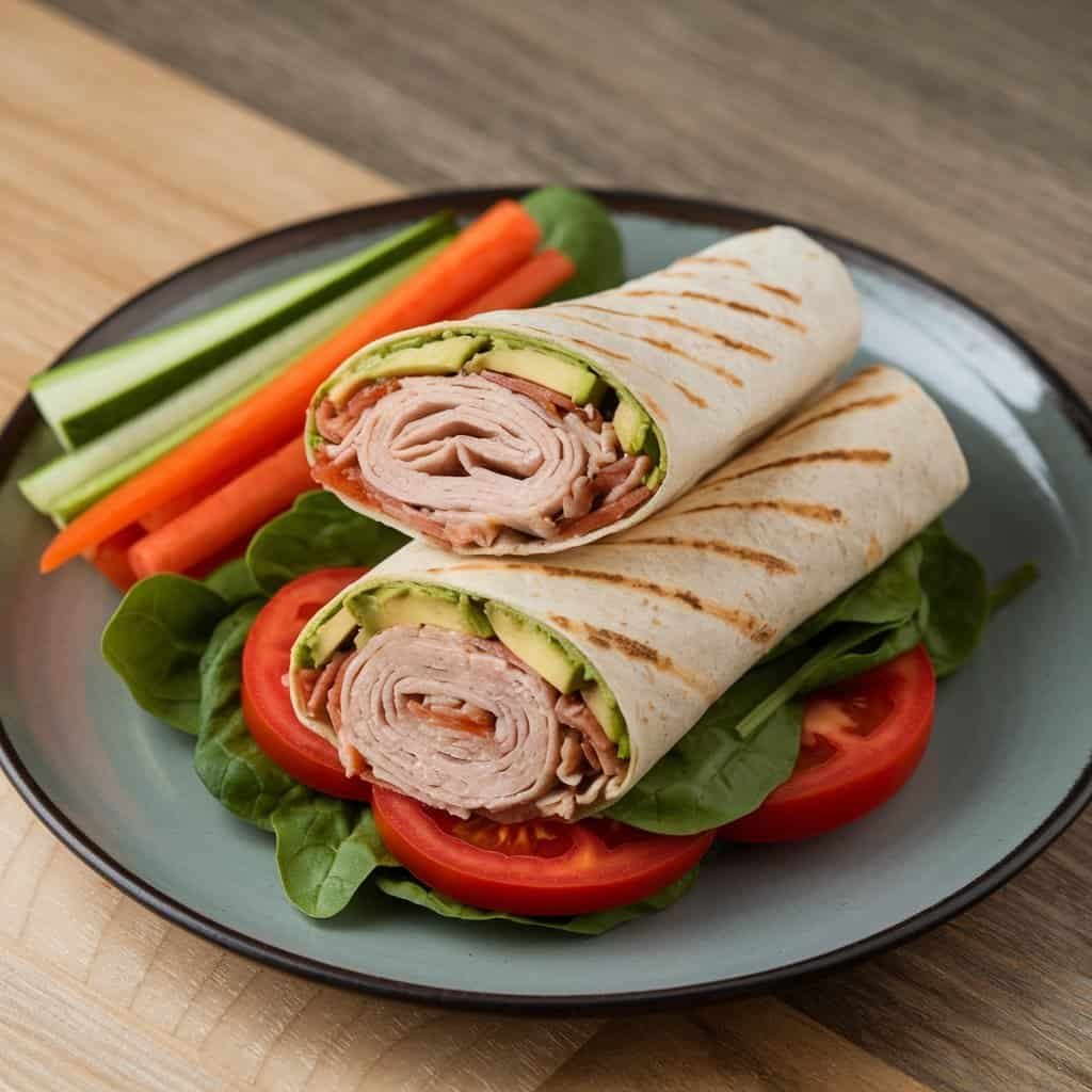 Turkey and avocado wrap cut in half, showcasing lean turkey, creamy avocado, and fresh vegetables.