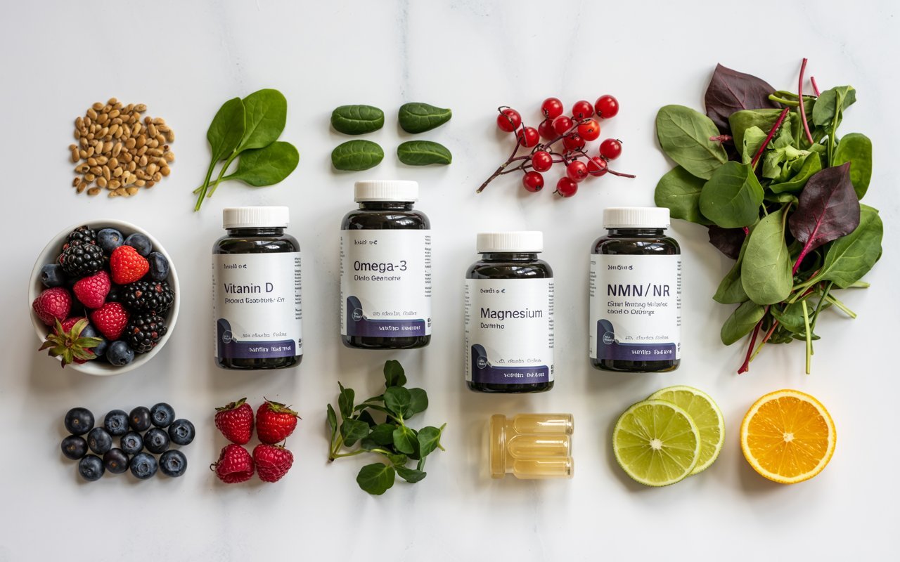 Strategic supplementation with key nutrients like Vitamin D, Omega-3, and NAD+ precursors shown alongside whole foods, representing a personalized approach to filling nutritional gaps for biohacking longevity.