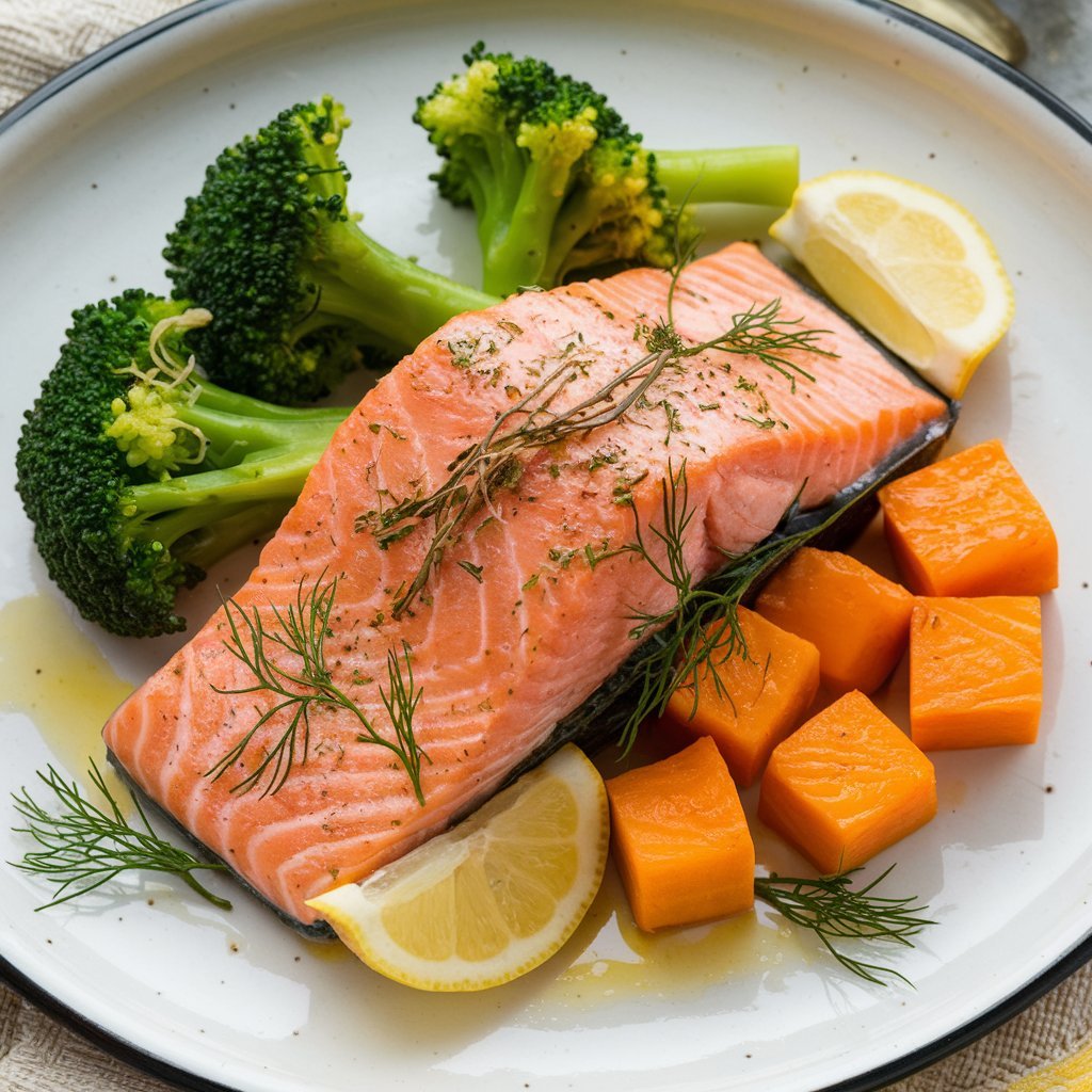 Oven-baked salmon with steamed broccoli and sweet potato, garnished with fresh dill.