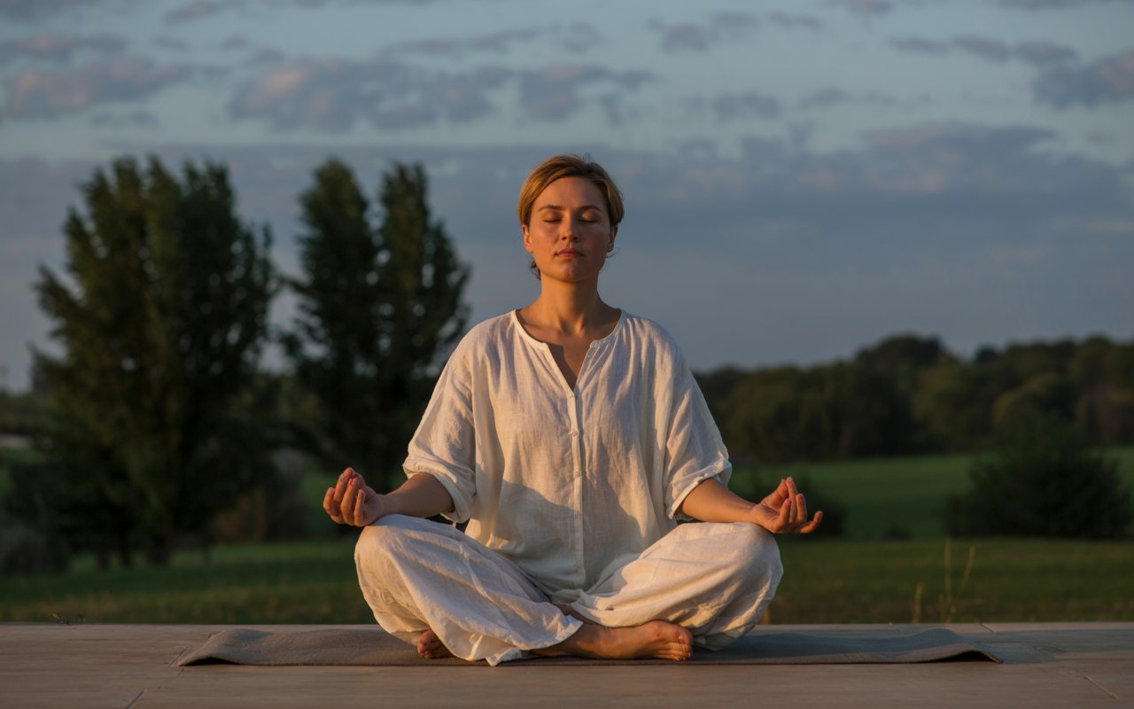 Person engaging in daily meditation practice for stress management, highlighting techniques to lower cortisol and improve heart rate variability (HRV) as part of biohacking for longevity