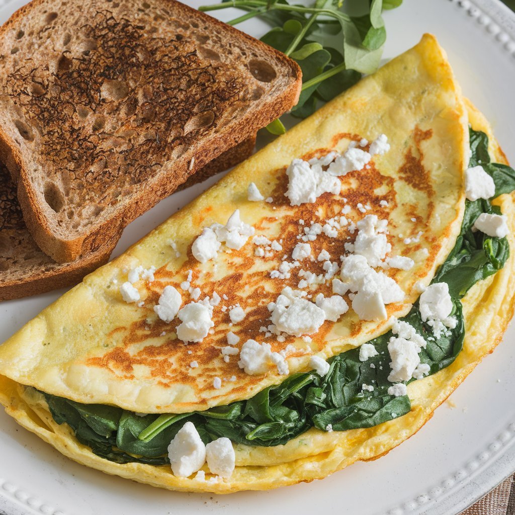 Egg white omelette with spinach and feta, garnished with fresh herbs.