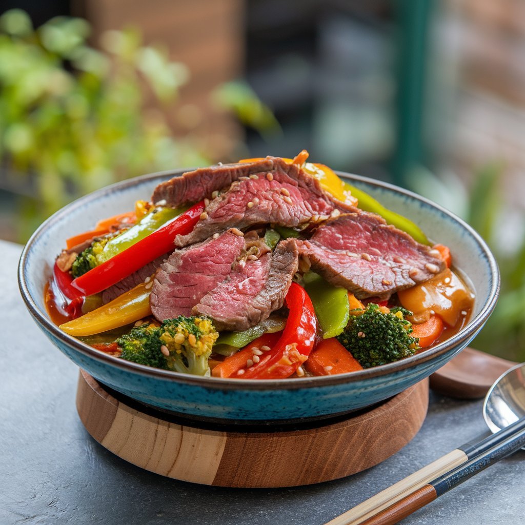 Beef stir-fry with assorted vegetables in a wok.