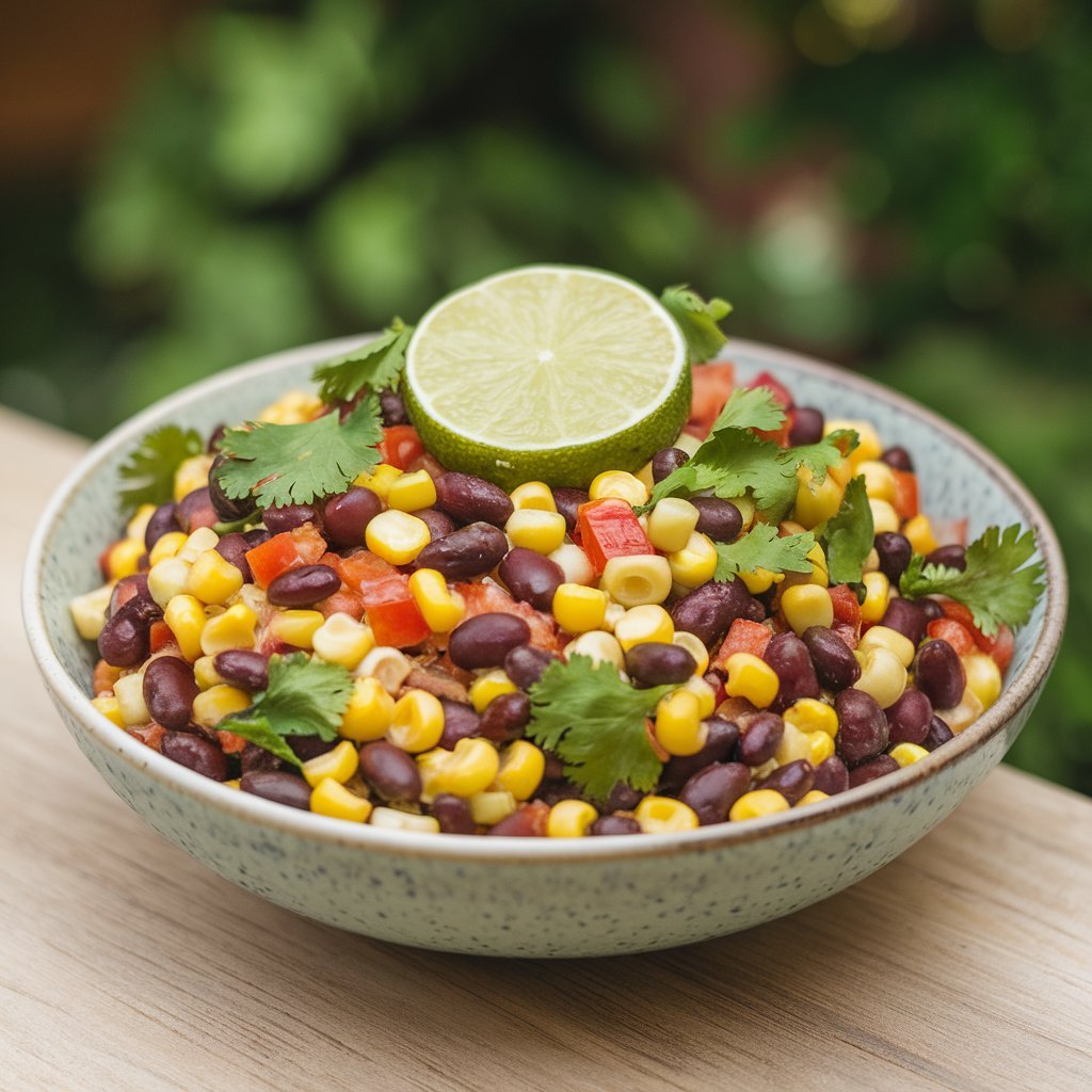 Black bean and corn salad with colorful vegetables and cilantro garnish.